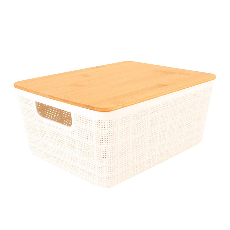 Panier de rangement en plastique avec couvercle en bambou (blanc)