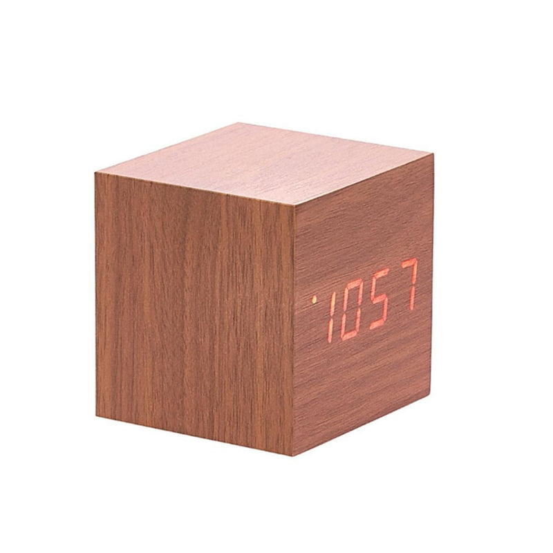 Horloge de bureau cube en bois à LED avec affichage de la température et de la date